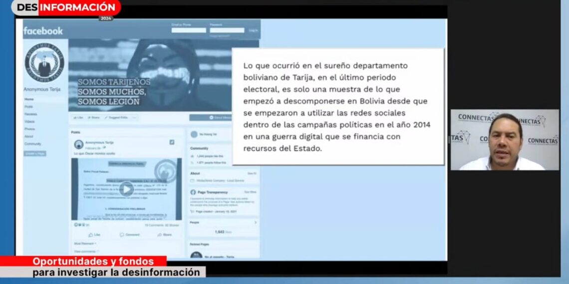 Carlos Eduardo Huertas de Connectas desde Bogotá, Colombia, expuso sobre el impacto del reportaje boliviano La fábrica de la desinformación que usó dinero de la Gobernación de Tarija.